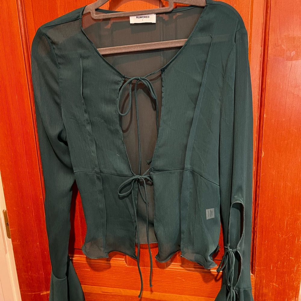 Rumored Dark Green Tie-Front Blouse